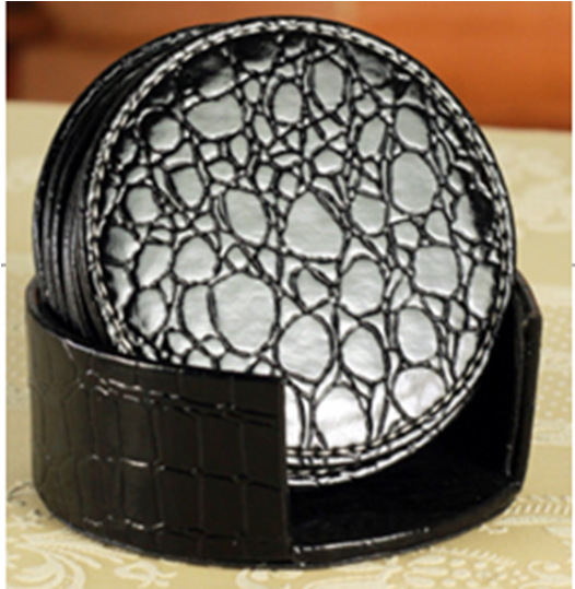 Black Croco Leather 6 Pc  Round  Coasters WAUCUST1404